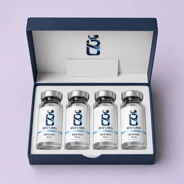 Four BCU Labs vials in an open navy presentation box
