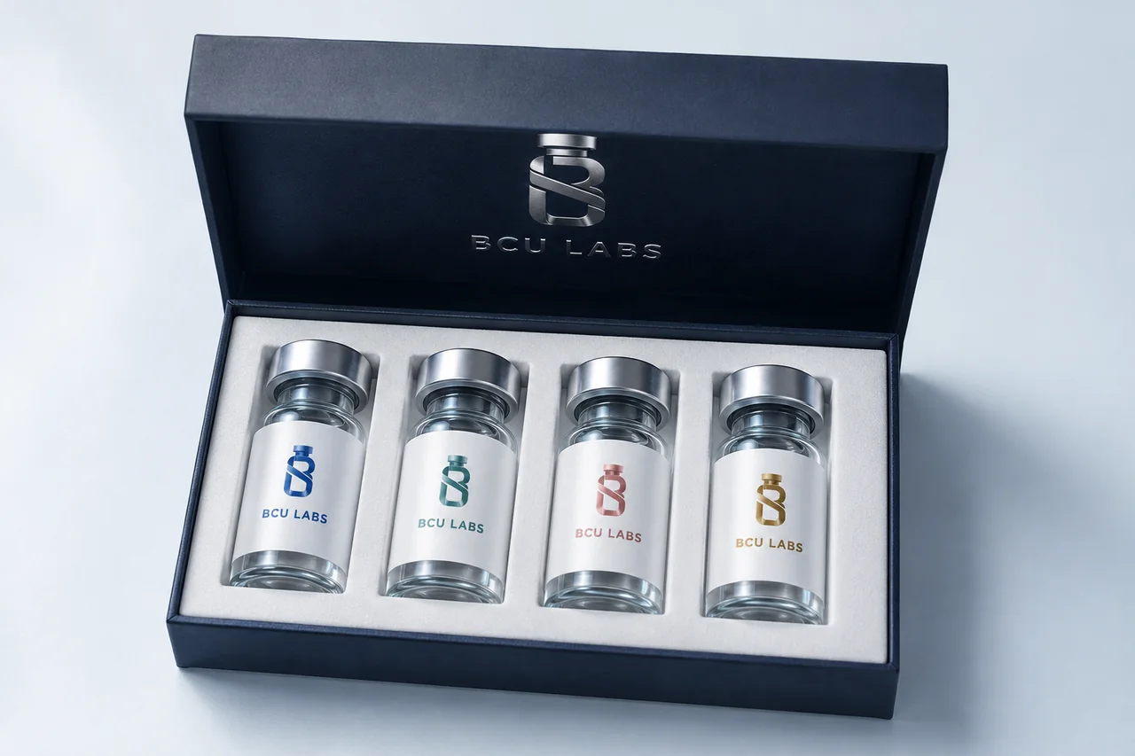 Premium open BCU Labs box with four aligned color-coded glass vials