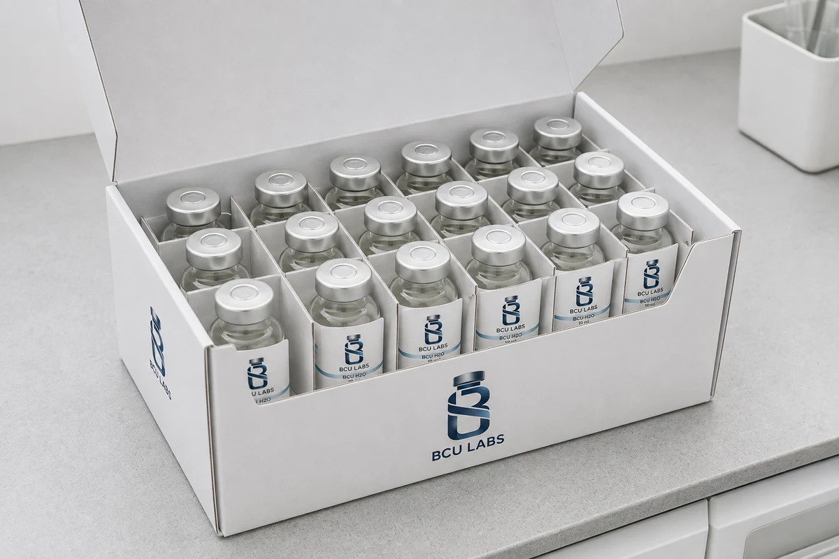 BCU Labs shipping case containing neatly organized glass research vials