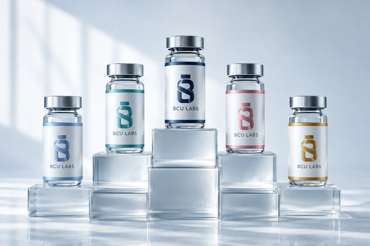 Five BCU Labs branded glass vials on a stepped glass podium, with the center vial highest